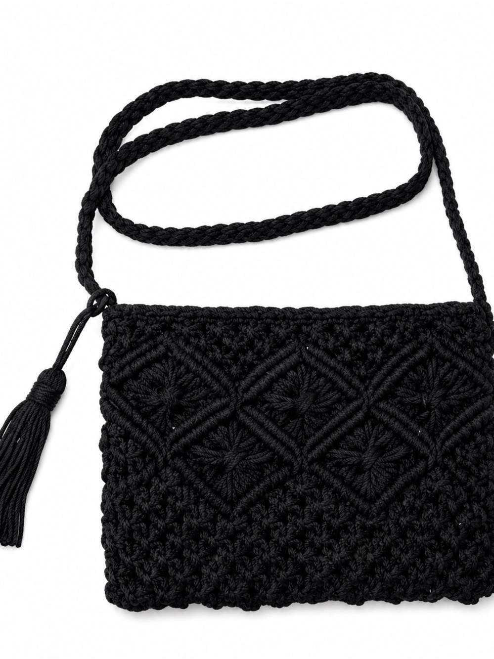 Val Macrame Crossbody Bag w/Tassel in Black